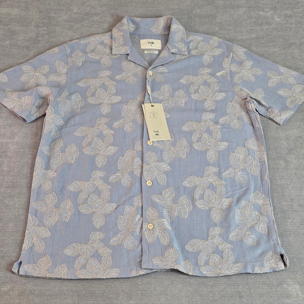 Folk Mens Marco Embroidered Linen Blend Revere Collar‎ Shirt Blue Size M New